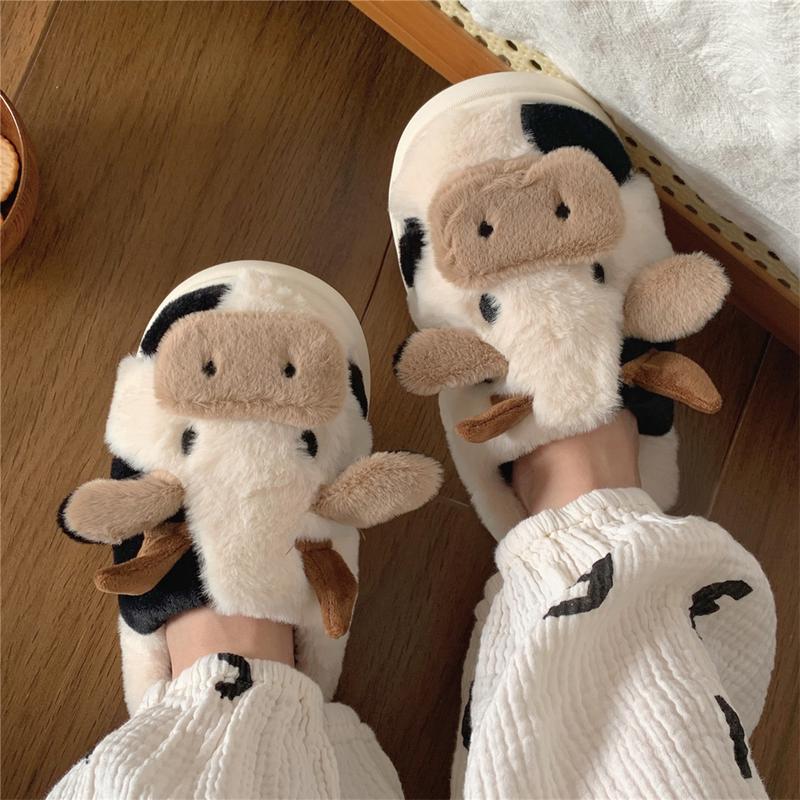 XIXITIAO Cute Fluffy Cow Slippers for Women Men,Cartoon Animal Cotton Plush Home Shoes, Fall & Winter Cozy Warm Bedroom Household Slides Indoor and Outdoor, Designer Slides