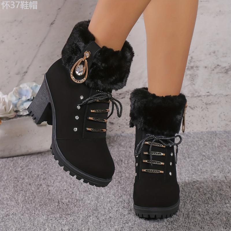 Women's Plush Heeled Ankle Boots, Rhinestone Decor Side Zipper Thermal Chunky Heels, Fashion Fluffy Short Boots Footwear Walking Shoes