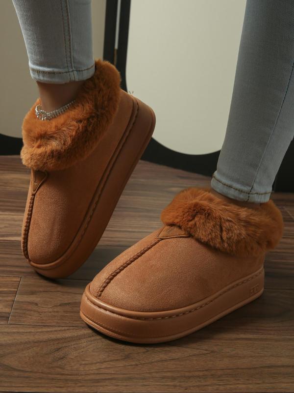 Women's Solid Color Fluffy Plush Boots, Casual Soft Comfortable Thick Soled Home Slippers, Warm Shoes for Indoor & Outdoor Use for Winter Footwear for Girl