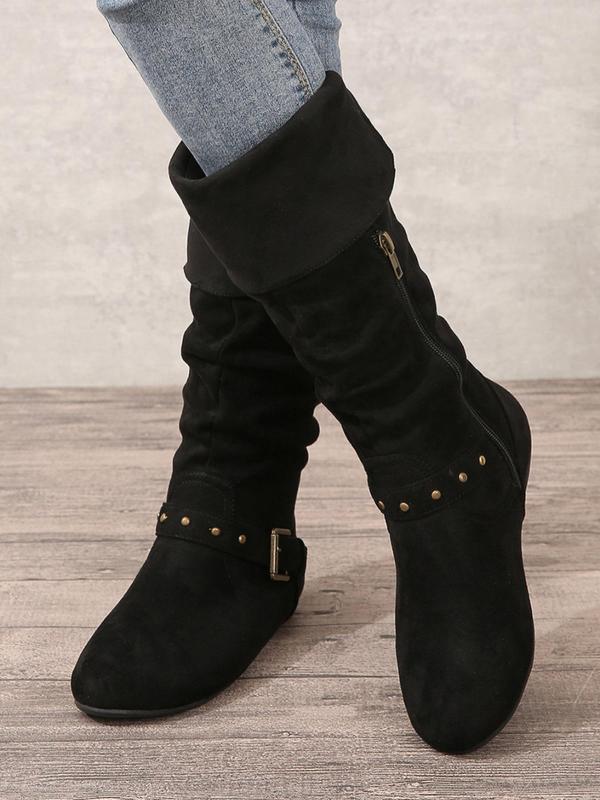 Women's Fashionable Solid Color Slouchy Boots, Casual Comfortable Side Zip Design Knee Designer Boots for Daily Wear, Female All-match Trendy Shoes for Fall & Winter Fall Outfits 2024