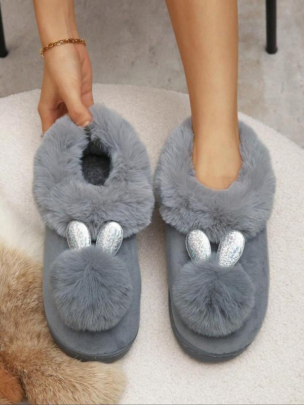 Women's Cute Rabbit Ear & Pom Pom Decor Plush Slippers, Casual Soft Comfortable Home Slippers for Fall & Winter, Fluffy Fall & Winter House Shoes for Indoor and Outdoor