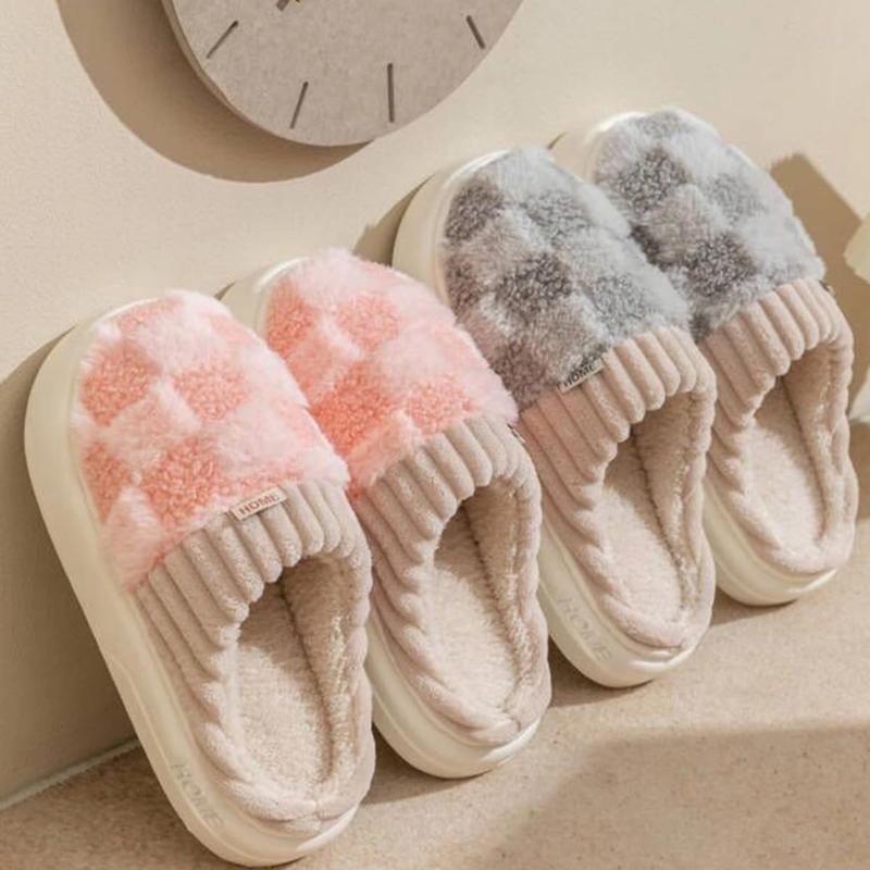 Checkered Slipper House Slippers for Women Men Plush Warm Fuzzy Slippers Flyffy Bedroom Shoes Indoor Slip On