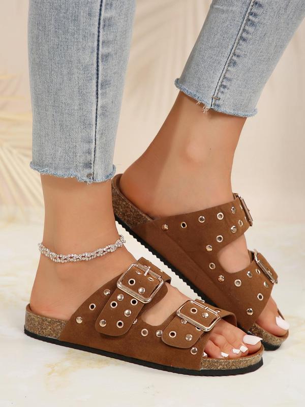 Women's Rivet Decorated Slip on Sandals, Casual Versatile Summer Beach Sandals, Round Toe Thick Sole Sandals for Daily Wear