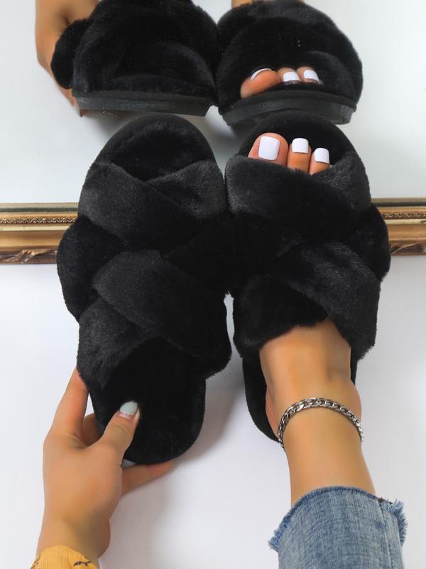 Women's Fashionable Plain Criss Cross Design Soft Slippers, Simple Design Warm Plush Slippers for Fall & Winter