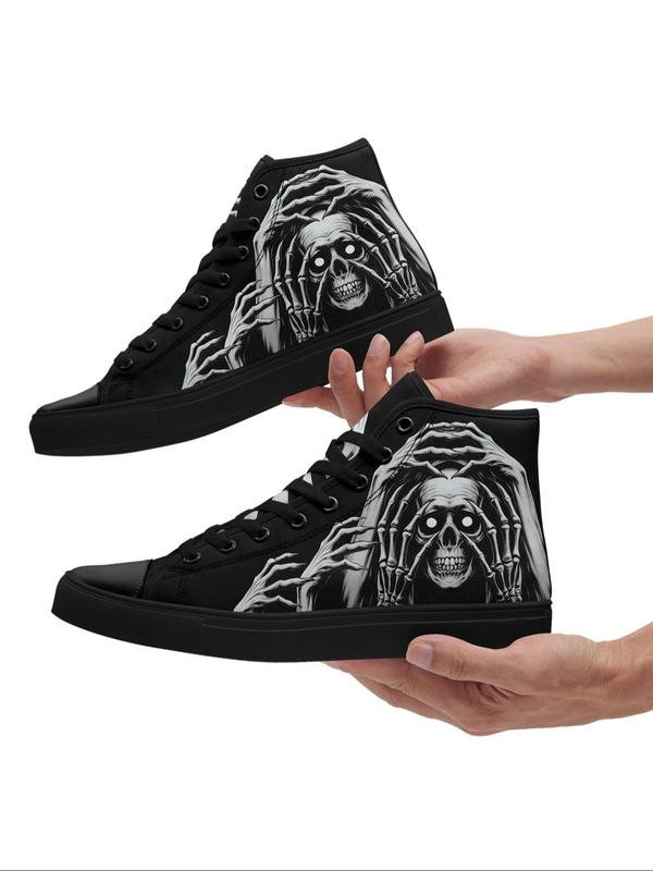 Men's Fashionable Skull Print Lace Up Front Mid Top Canvas Sneakers, Casual Comfortable Sports Shoes for Daily Wear, Male All-match Round Toe Shoes for Daily Wear