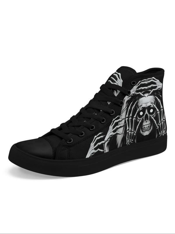 Men's Fashionable Skull Print Lace Up Front Mid Top Canvas Sneakers, Casual Comfortable Sports Shoes for Daily Wear, Male All-match Round Toe Shoes for Daily Wear