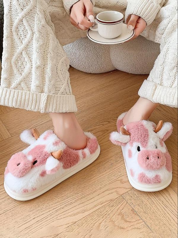 Women's Cute Cow Design Plush Slippers, 2024 New Style Casual Soft Comfortable Home Slippers, Warm Slippers for Indoor & Outdoor Use for Fall & Winter