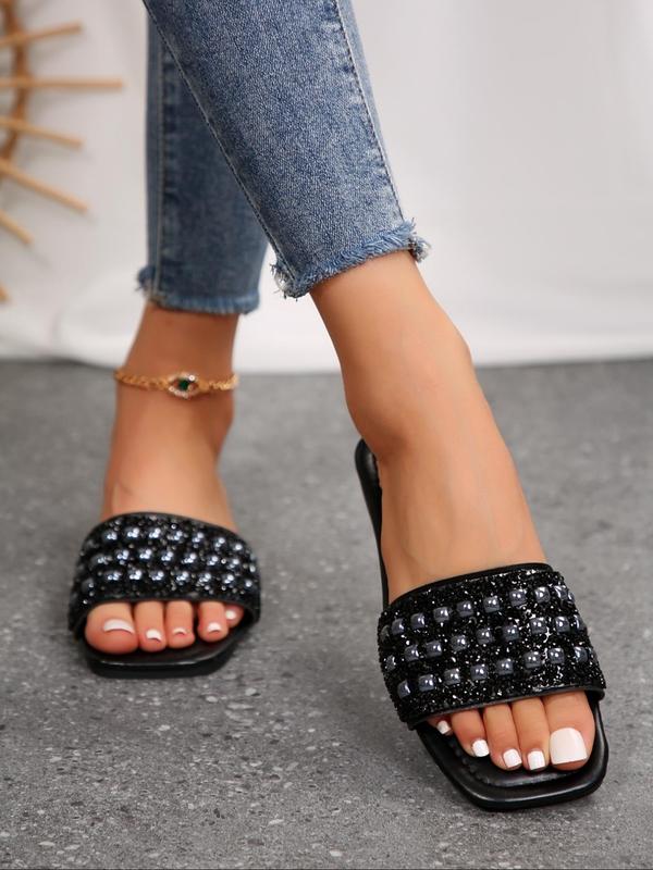 Women's Rhinestone Decorated Slides, Casual Comfortable Square Toe Flat Sandals for Beach, Non-slip Pu Leather Slippers for Indoor & Outdoor Wear