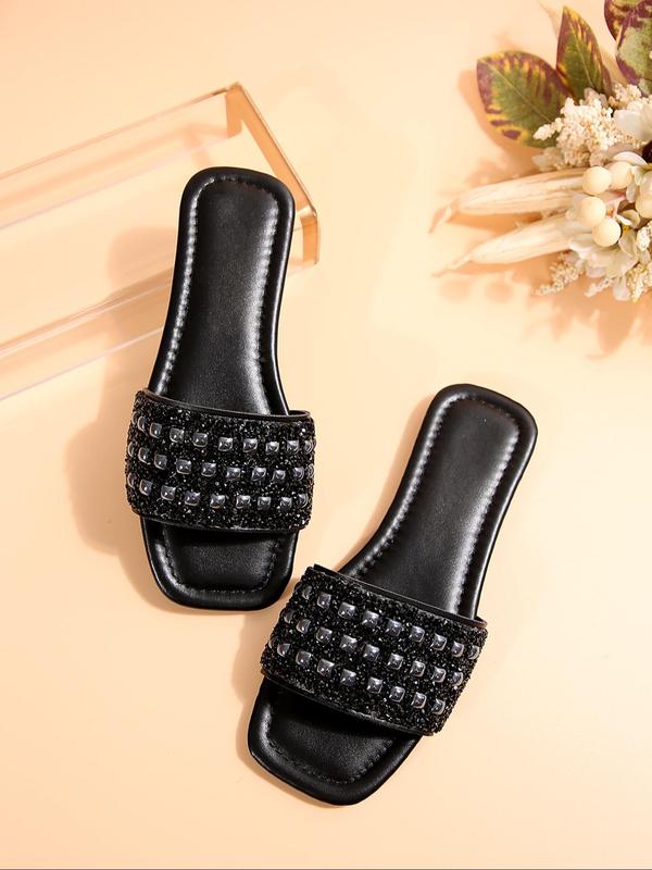 Women's Rhinestone Decorated Slides, Casual Comfortable Square Toe Flat Sandals for Beach, Non-slip Pu Leather Slippers for Indoor & Outdoor Wear