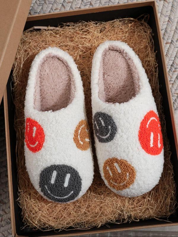 Women's Cute Smile Face Pattern Plush Slippers, Casual Soft Comfortable Home Slippers, Warm Slippers for Indoor & Outdoor Use for Fall & Winter