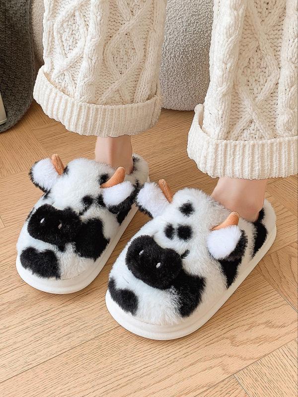 Women's Cute Cow Design Plush Slippers, 2024 New Style Casual Soft Comfortable Home Slippers, Warm Slippers for Indoor & Outdoor Use for Fall & Winter