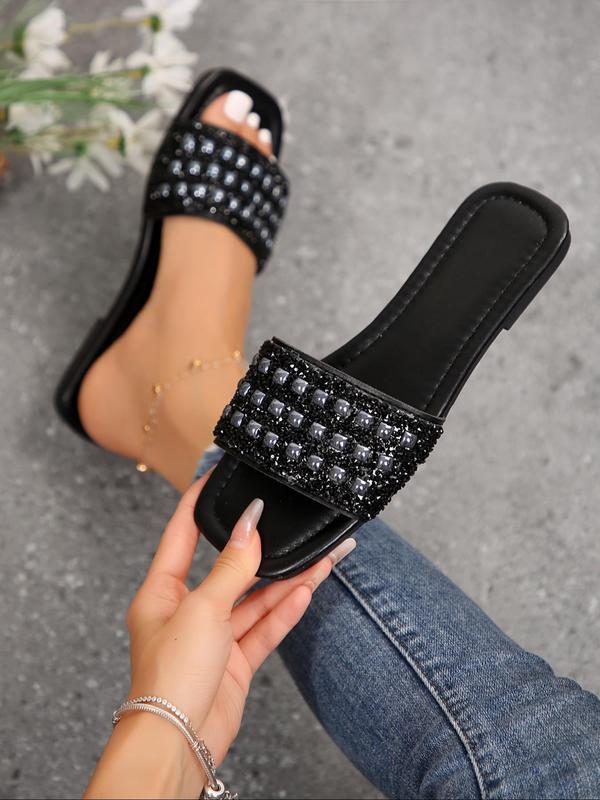 Women's Rhinestone Decorated Slides, Casual Comfortable Square Toe Flat Sandals for Beach, Non-slip Pu Leather Slippers for Indoor & Outdoor Wear