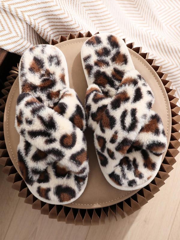 Women's Leopard Print Criss Cross Design Slippers, Casual Soft Plush Warm Bedroom Slippers For Fall & Winter