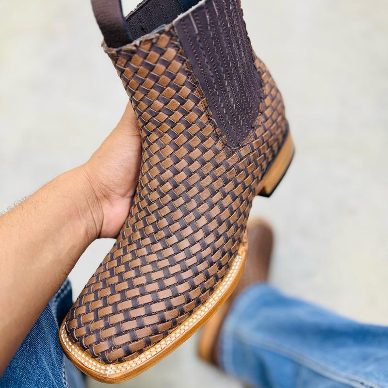 MENS BASKETWEAVE ANKLE BOOT - SQUARE TOE