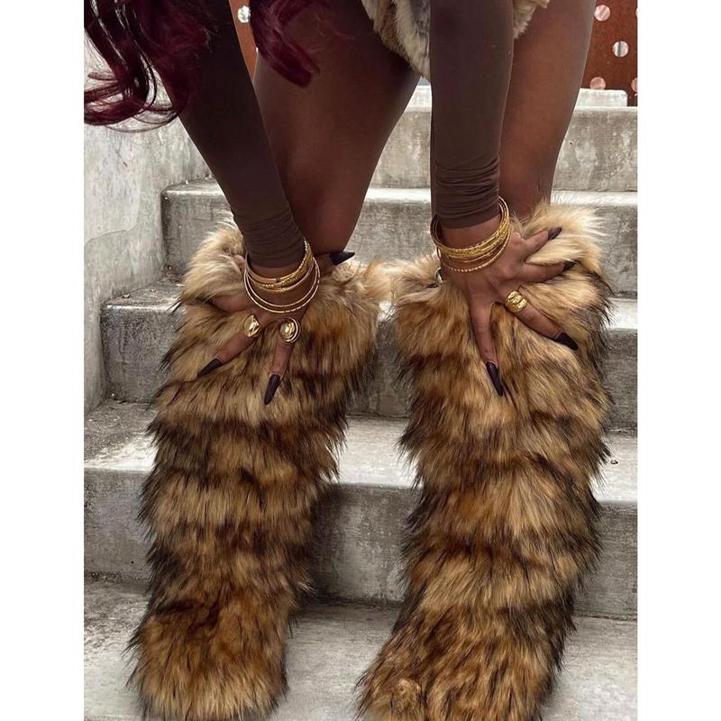 Women's Faux Fur Boot Furry Fluffy Round Toe Suede Winter Comfy Plush Warm Short Outdoor Indoor Flat Shoes Knee-High Boots