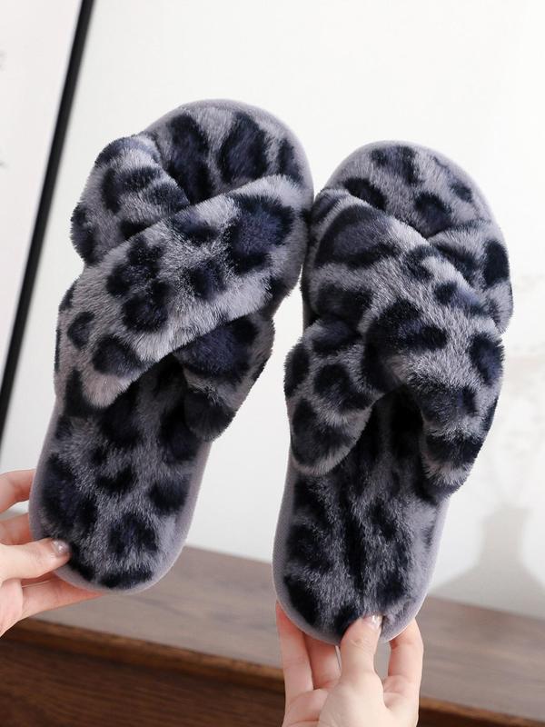 Women's Leopard Print Criss Cross Design Slippers, Casual Soft Plush Warm Bedroom Slippers For Fall & Winter