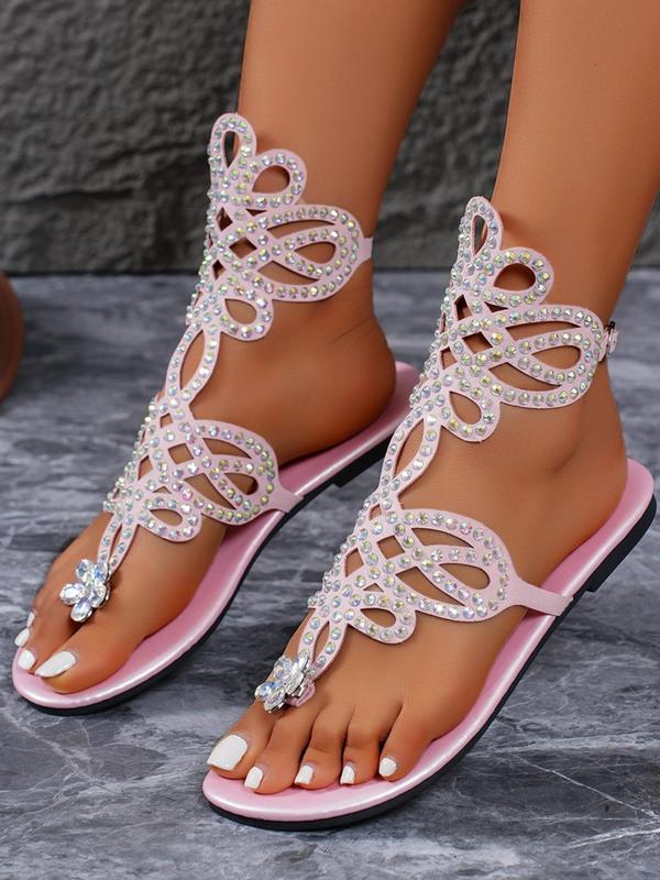 Women's Fashion Hollow Out Design Rhinestone Decor Flat Sandals, Casual Comfortable Toe Thong Slide Sandals for Summer Beach Vacation, Female All-match Slip-on Shoes