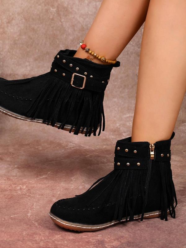 Women's Fashionable Studded & Tassel Decor Ankle Boots, Casual Boots for Fall & Winter, Female All-match Round Toe Walking Shoes for Daily Wear, Fall Outfits, Fall Freshness