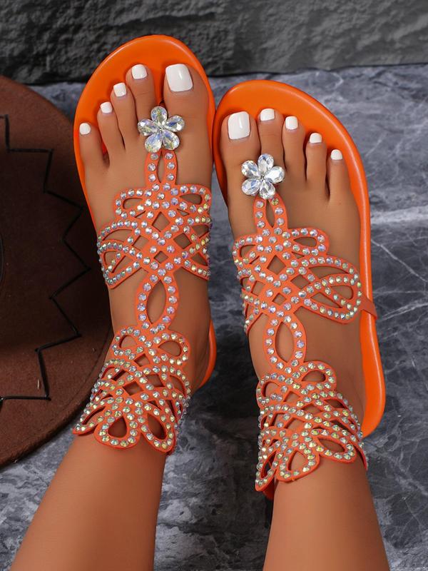 Women's Fashion Hollow Out Design Rhinestone Decor Flat Sandals, Casual Comfortable Toe Thong Slide Sandals for Summer Beach Vacation, Female All-match Slip-on Shoes