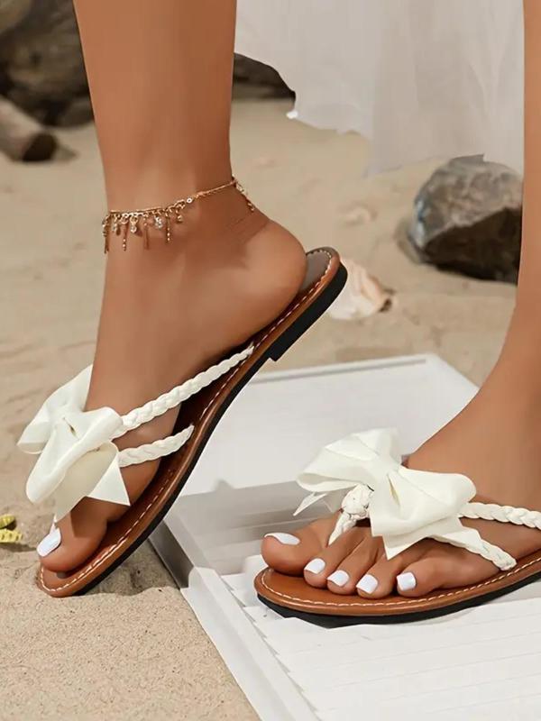 Women's Bowknot Decor Slide Sandals, Girl Comfort  Casual Braid Design Toe Thong Sandals for Summer, Lightweight Boho Style Sandals for Beach Vacation