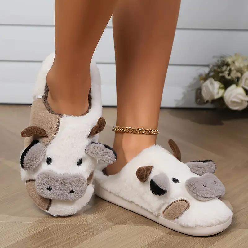 Slippers for women,Cartoon Cute Cow House Cotton Slippers, Warm Plush Lined Closed Toe Fuzzy Home Slides, Comfy Indoor Shoes