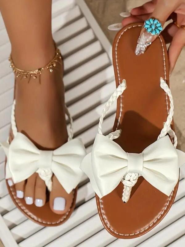 Women's Bowknot Decor Slide Sandals, Girl Comfort  Casual Braid Design Toe Thong Sandals for Summer, Lightweight Boho Style Sandals for Beach Vacation