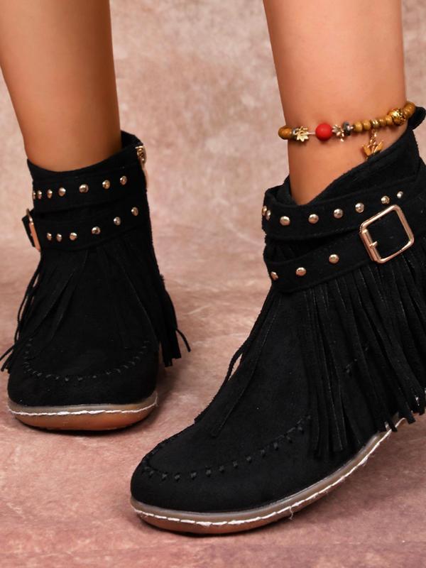 Women's Fashionable Studded & Tassel Decor Ankle Boots, Casual Boots for Fall & Winter, Female All-match Round Toe Walking Shoes for Daily Wear, Fall Outfits, Fall Freshness