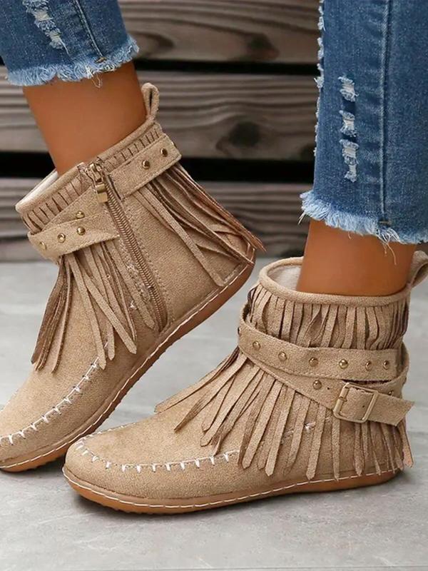 Women's Fashionable Studded & Tassel Decor Ankle Boots, Casual Boots for Fall & Winter, Female All-match Round Toe Walking Shoes for Daily Wear, Fall Outfits, Fall Freshness