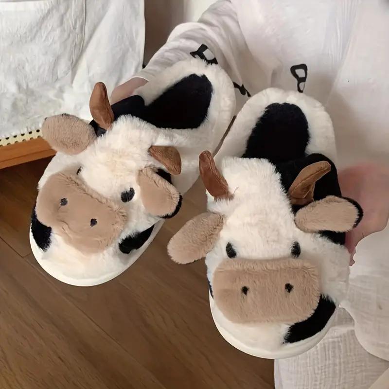 Slippers for women,Cartoon Cute Cow House Cotton Slippers, Warm Plush Lined Closed Toe Fuzzy Home Slides, Comfy Indoor Shoes