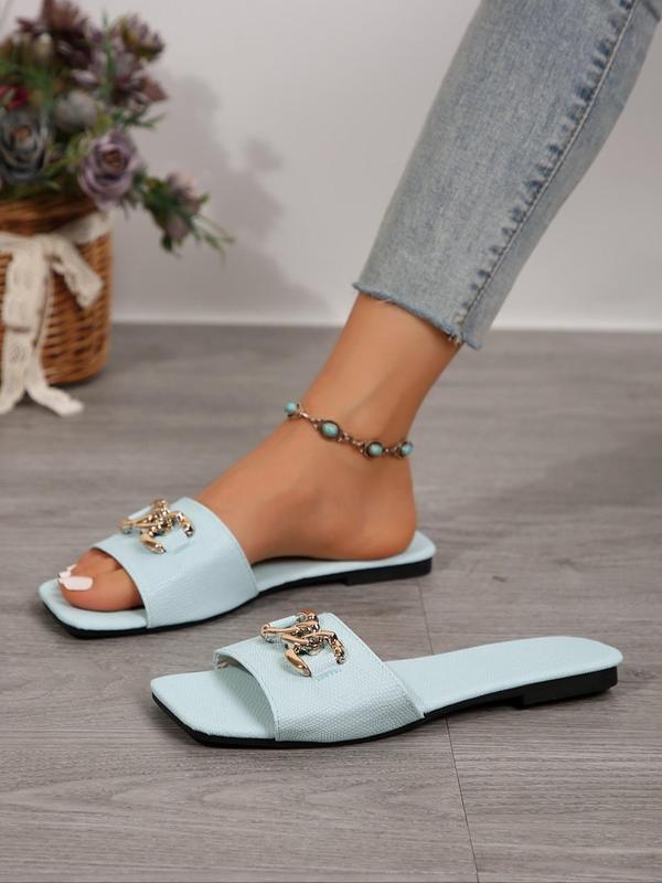 Women's Fashionable Ring Linked Design Flat Sandals, New Trendy Square Toe Slide Sandals, Casual Comfortable Shoes for Summer