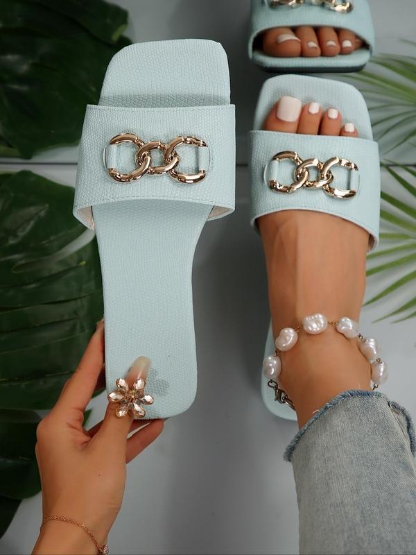 Women's Fashionable Ring Linked Design Flat Sandals, New Trendy Square Toe Slide Sandals, Casual Comfortable Shoes for Summer