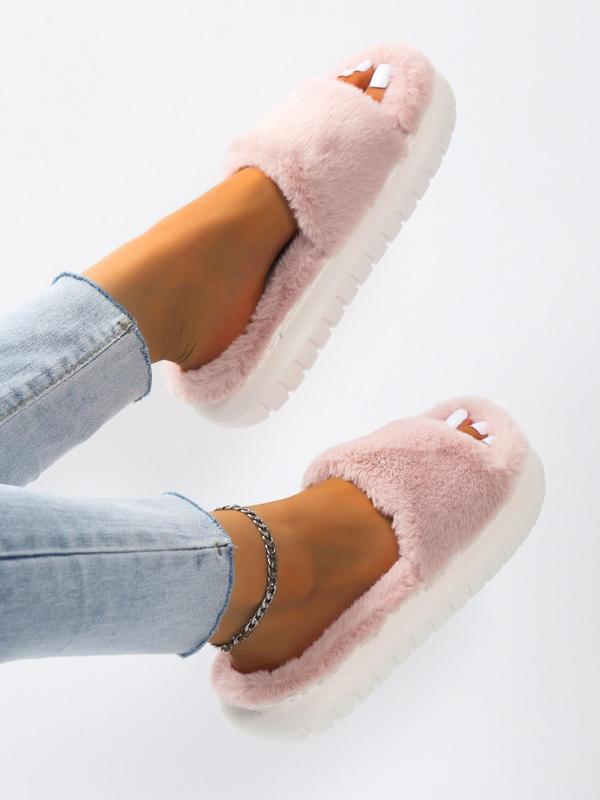 Women's Fashion Plain Soft Platform Fluffy Plush House Slippers, Minimalist Fuzzy Girl Casual Comfortable Home Slide Slippers, Flatform Warm Soft Women's Home Slippers, Footwear