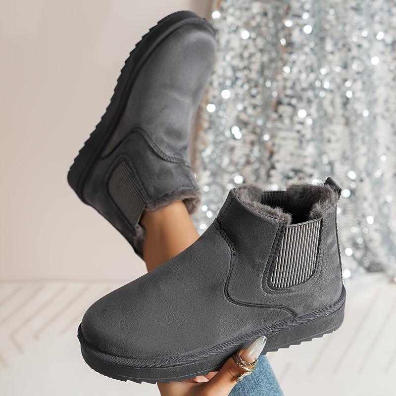 Women's Solid Color Ankle Boots, Casual Slip-on Plush Lined Boots, Comfortable Winter Boots