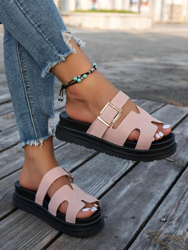 Women's Fashionable Plain Color Buckle Decor Slip on Sandals, Casual Comfortable Platform Sandals for Summer, Lightweight Breathable Open Toe Shoes for Daily Wear