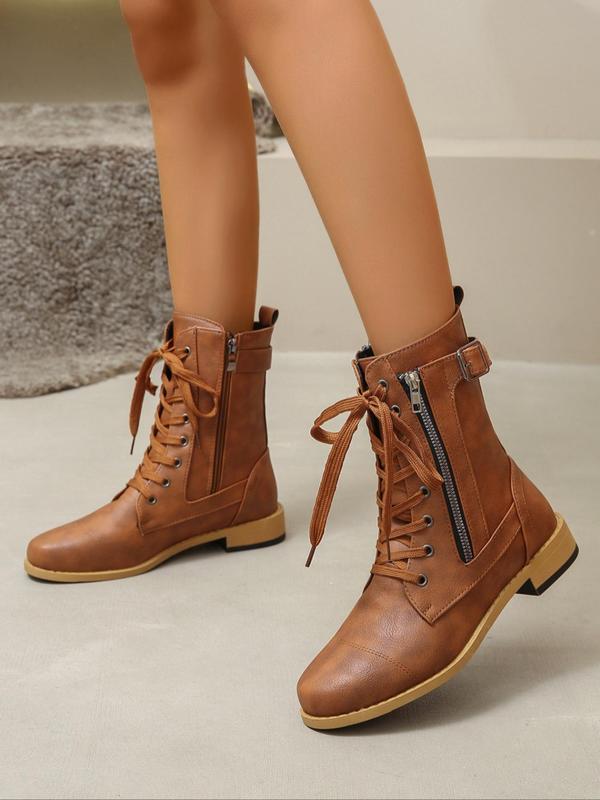 Women's Fashionable Lace Up Front Boots, Casual Comfortable Round Toe Zipper  Boots for Daily Wear, Female All-match Trend Shoes for Fall & Winter