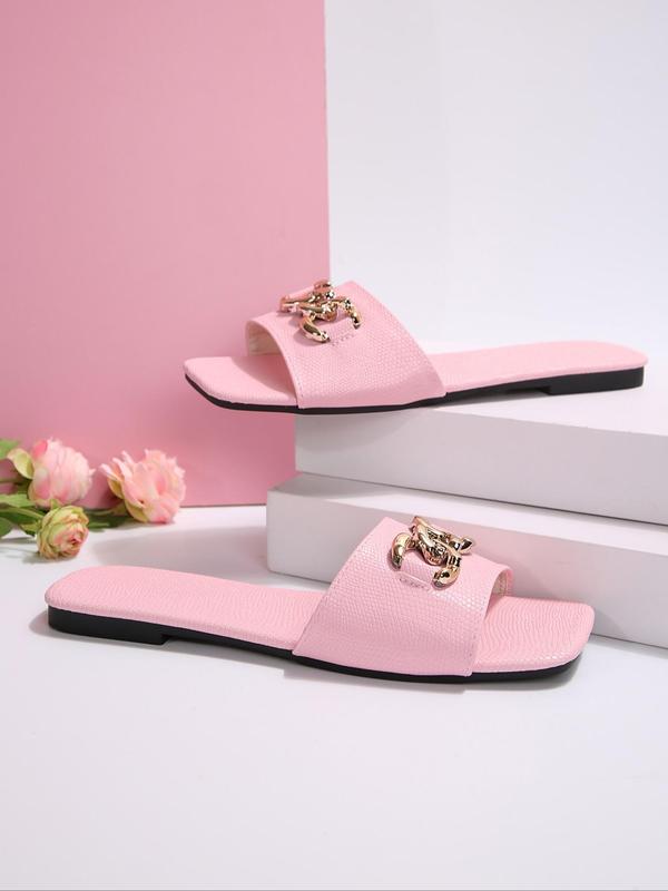 Women's Fashionable Ring Linked Design Flat Sandals, New Trendy Square Toe Slide Sandals, Casual Comfortable Shoes for Summer