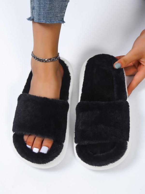 Women's Fashion Plain Soft Platform Fluffy Plush House Slippers, Minimalist Fuzzy Girl Casual Comfortable Home Slide Slippers, Flatform Warm Soft Women's Home Slippers, Footwear