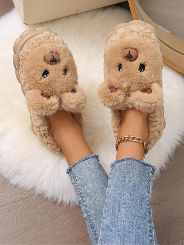 Women's Cute Bear Design Plush Slippers, Casual Soft Comfortable Home Slippers, Warm Slippers for Indoor & Outdoor Use for Fall & Winter