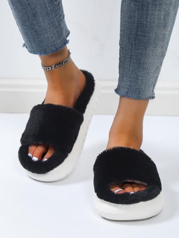 Women's Fashion Plain Soft Platform Fluffy Plush House Slippers, Minimalist Fuzzy Girl Casual Comfortable Home Slide Slippers, Flatform Warm Soft Women's Home Slippers, Footwear