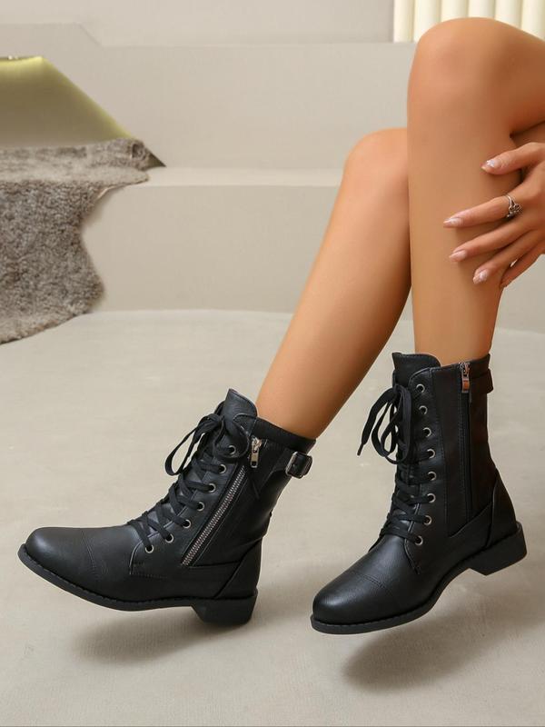 Women's Fashionable Lace Up Front Boots, Casual Comfortable Round Toe Zipper  Boots for Daily Wear, Female All-match Trend Shoes for Fall & Winter