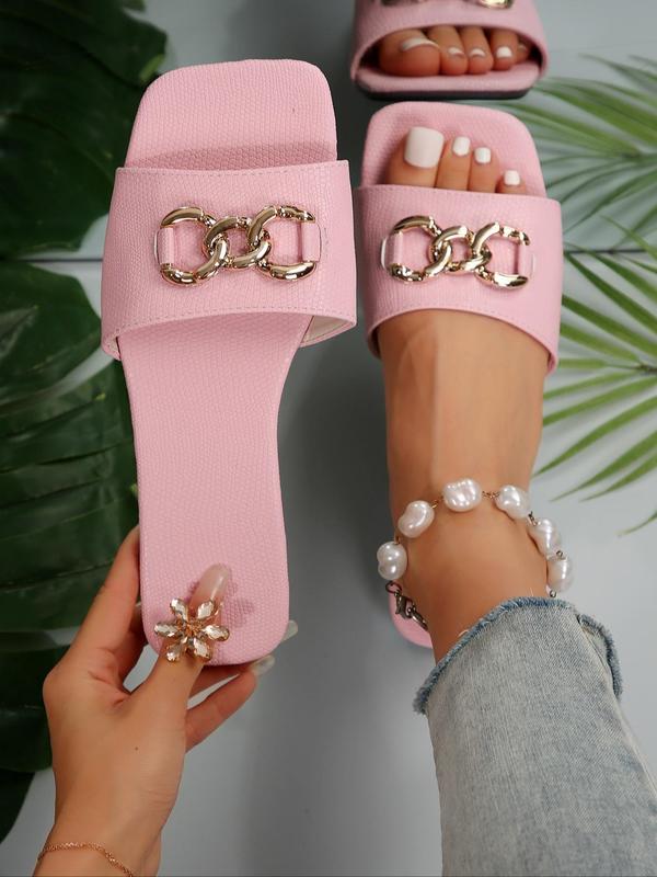 Women's Fashionable Ring Linked Design Flat Sandals, New Trendy Square Toe Slide Sandals, Casual Comfortable Shoes for Summer