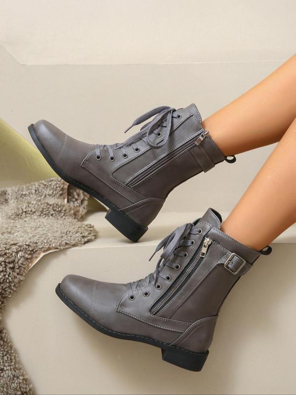 Women's Fashionable Lace Up Front Boots, Casual Comfortable Round Toe Zipper  Boots for Daily Wear, Female All-match Trend Shoes for Fall & Winter