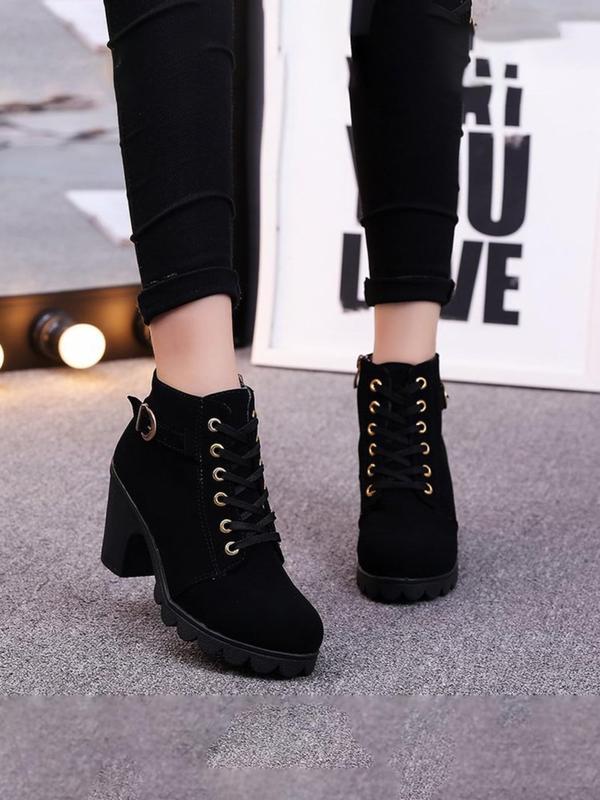 Women's Fashion Solid Color Lace up Mid-calf Boots, 1 Pair Elegant Buckle Decorated Boots for Daily Wear, Non-slip Chunky Heel Boots for Women & Girls