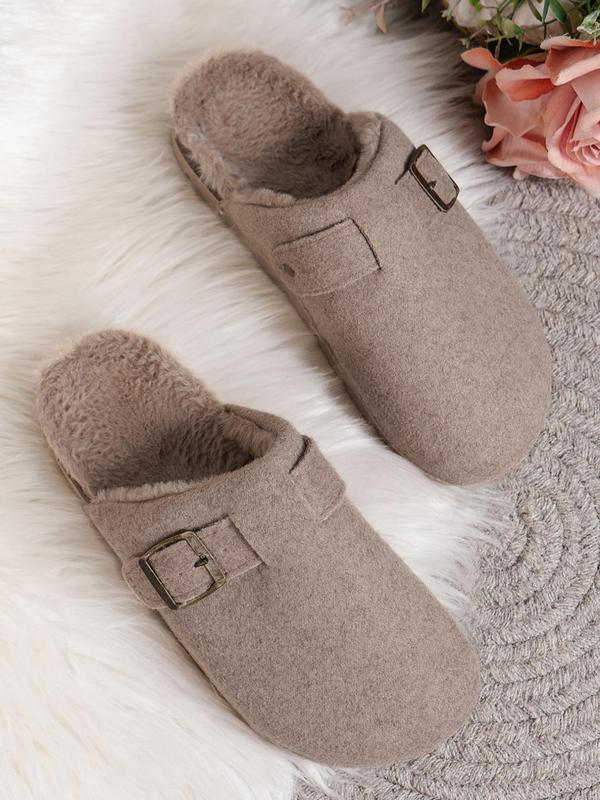 Women's Solid Color Plush Lining Slippers, Casual Comfortable Buckle Design Home Slippers, Fluffy Soft Slippers for Indoor & Outdoor Wear