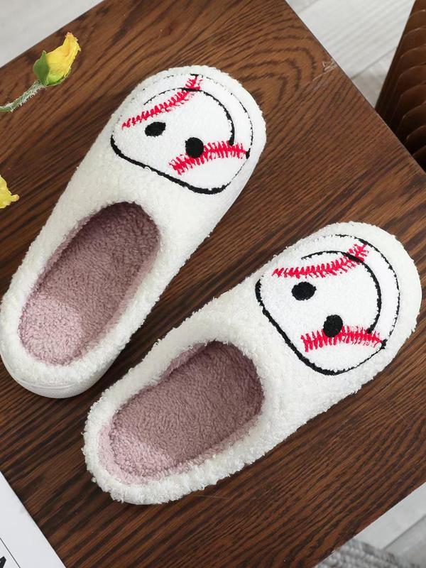 Baseball & Cartoon Smile Face Pattern Slippers, Casual Soft Comfortable Home Slippers for Fall & Winter, Fluffy Non-slip Slippers for Indoor & Outdoor Use