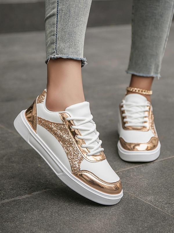 Women's Fashionable Glitter Design Lace Up Low Top Sneakers, 2024 New Style Casual Comfortable Sports Shoes for Daily Wear, Trendy All-match Sneakers for Women & Girls