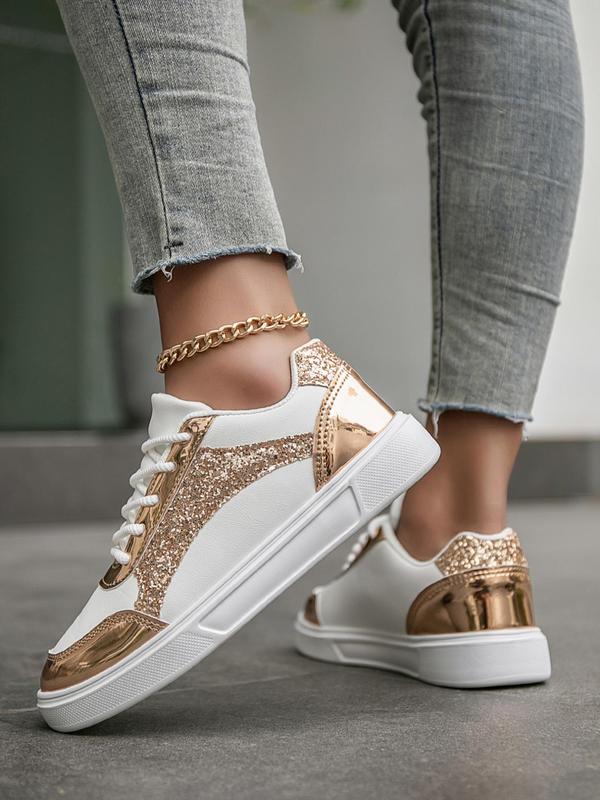 Women's Fashionable Glitter Design Lace Up Low Top Sneakers, 2024 New Style Casual Comfortable Sports Shoes for Daily Wear, Trendy All-match Sneakers for Women & Girls