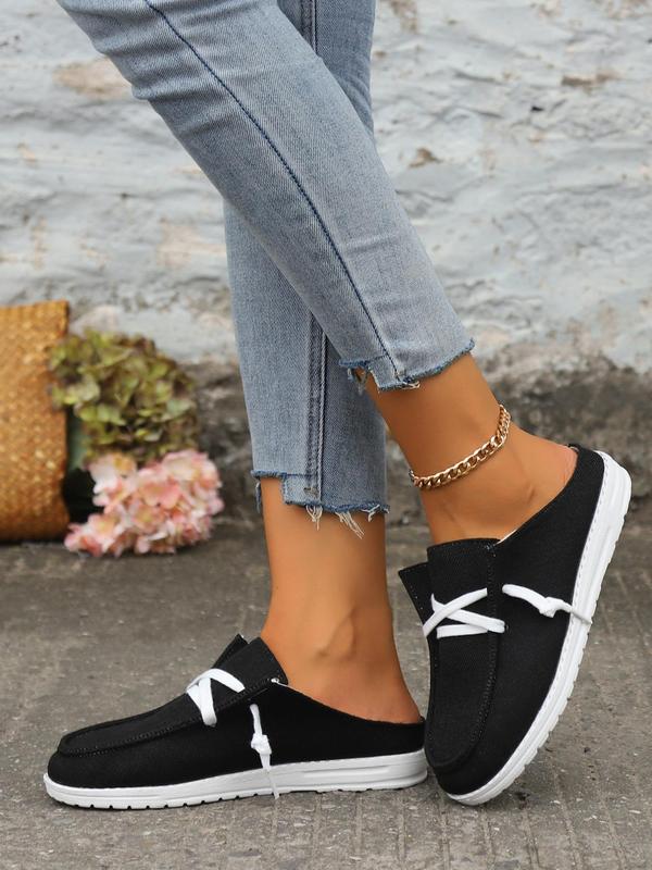 Women's Fashion Plain Color Lace Up Front Slip-on Shoes, Mule Flat Shoes, Casual Versatile Sports Walking Shoes