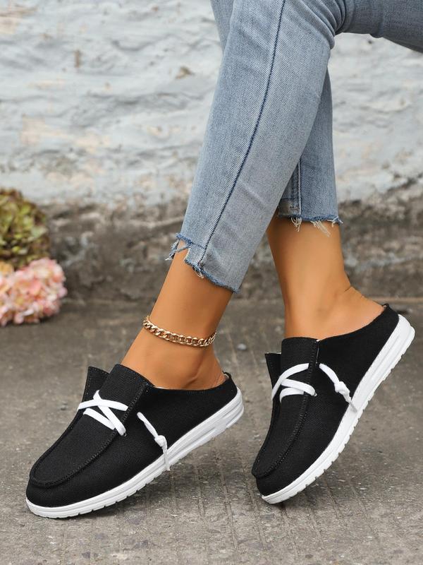 Women's Fashion Plain Color Lace Up Front Slip-on Shoes, Mule Flat Shoes, Casual Versatile Sports Walking Shoes