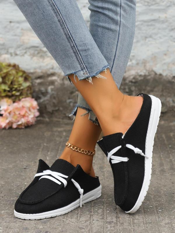 Women's Fashion Plain Color Lace Up Front Slip-on Shoes, Mule Flat Shoes, Casual Versatile Sports Walking Shoes